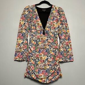 For Love & Lemons June Mushroom Wonderland Bell Sleeve Ruched Mini Dress Size S